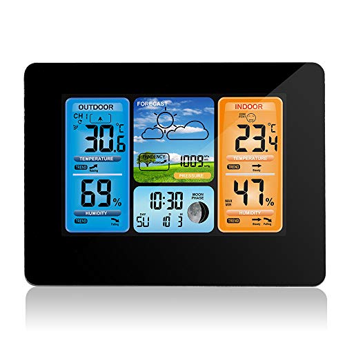 Wireless Weather Station Indoor Outdoor Thermometer, Home Digital Wireless Color Forecast Station Temperature and Humidity Monitor Alerts, Barometer – Black