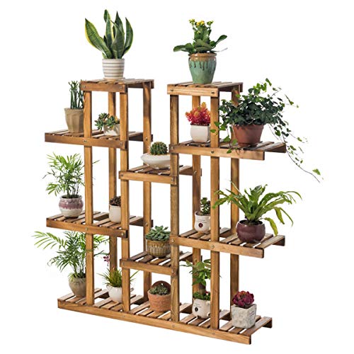 Plant Stand Holder Shelf 9 Tiers Carbonized Wood Plant Display Rack, Stand Shelf, Flower Pots Holder Storage Organizer Rack for Gardening Patio Balcony, Indoor Outdoor Office