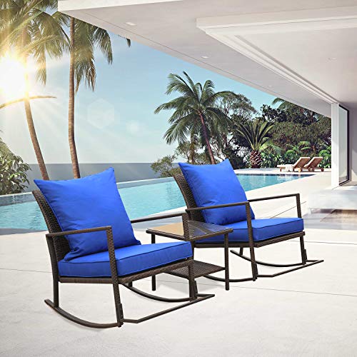 Rattaner Outdoor 3 Piece Wicker Rocking Chair Set Patio Bistro Set Conversation Furniture -2 Rocker Chair and Glass Coffee Side Table- Blue Cushion