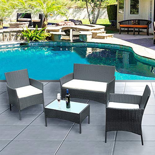 Panana Outdoor Patio Furniture 4 Pieces Rattan Patio Set Wicker Garden Furniture Table and Chairs Conversation Outdoor Black