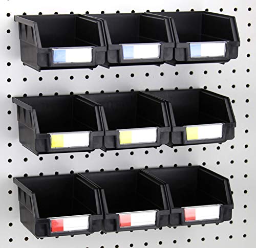 Pegboard Bins – 9 Pack Black Large – Hooks to Any Peg Board – Organize Hardware, Accessories, Attachments, Workbench, Garage Storage, Craft Room, Tool Shed, Hobby Supplies, Small Parts