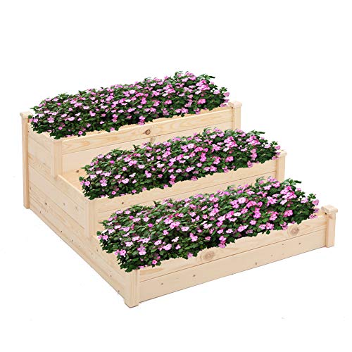 BonusAll 3-Tier 4×4 Feet Outdoor Wooden Elevated Vegetable Garden Bed Planter Kit Grow Gardening – Natural