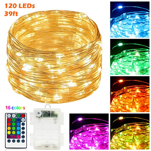 Fairy String Lights Remote Control RGBWW Colors 39 FT 120 Led Bulbs Battery Powered Seansonal Copper Wire Lamps Indoor/Outdoor Décor for Christmas Wedding New Year Bday Party (39FT Battery Powered)