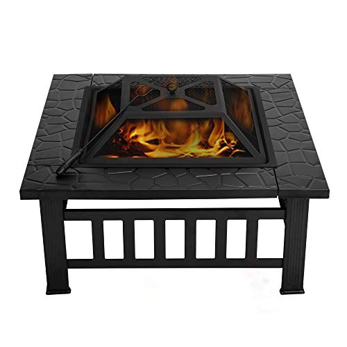 VIVOHOME 32 Inch Heavy Duty Metal Square Patio Backyard Firepit Table with Spark Screen Cover Log Grate and Poker for Outside Wood Burning and Camping