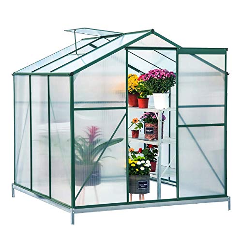 Mellcom 6′(L) x 6′(W) x 6.6′(H) Polycarbonate Portable Walk-in Garden Greenhouse Large Hot House with Adjustable Roof Vent and Rain Gutters,UV Protection Planting House