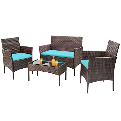 Homall 4 Pieces Outdoor Patio Furniture Sets Rattan Chair Wicker Set, Outdoor Indoor Use Backyard Porch Garden Poolside Balcony Furniture Sets (Brown and Blue)