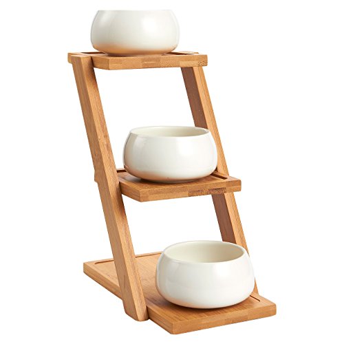 Bamboo Plant Stand – 3-Tier Plant Stand with 3 White Ceramic Pots, Narrow Shelf Unit, Shelf Organizer for Indoor, Outdoor Plant Display – 8.25 x 8.25 x 4.75 Inches
