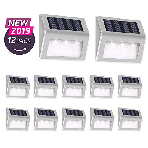 Otdair Solar Deck Lights, 3 LED Solar Step Lights Outdoor Auto On/Off Stainless Steel Solar Stair Lights Waterproof Wireless Solar Powered Lights for Fence Patio Garden Pathway – White 12 Pack