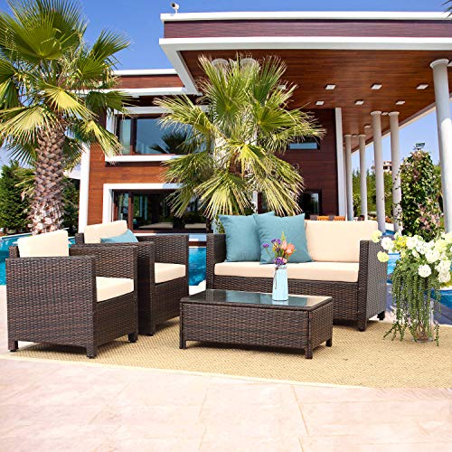 Wisteria Lane Outdoor Patio Furniture Set,5 Piece Patio Seating Wicker Conversation Set with Cushion, Brown
