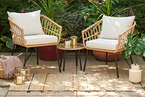Quality Outdoor Living 65-YZSP02 Hermosa 3 Piece Chat Set, Tan Wicker + Light Beige Cushions