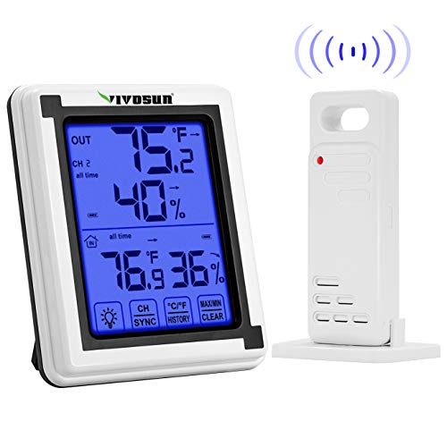 VIVOSUN Digital Hygrometer Indoor Outdoor Thermometer Humidity Monitor with Touchscreen LCD Backlight, Temperature Gauge Meter 200ft/60m Range Wireless Thermometer & Hygrometer (Battery Included)