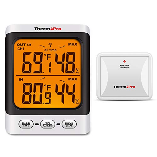 ThermoPro TP62 Digital Wireless Hygrometer Indoor Outdoor Thermometer Temperature and Humidity Gauge Monitor with Backlight LCD Display Humidity Meter, 200ft/60m Range