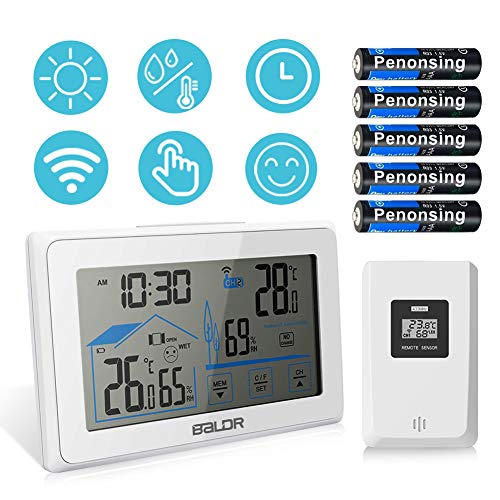 Indoor Outdoor Thermometer, Wireless Weather Station Digital Temperature and Humidity Monitor with Barometer Atomic Clock Moon Phase for Home and Office (Main Unit: 5.5 inch)