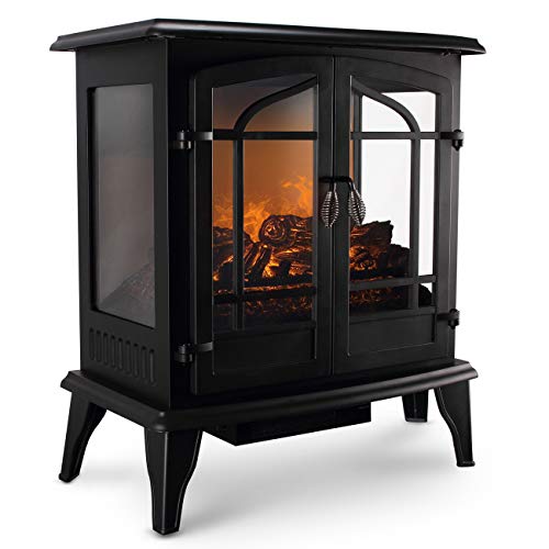 Della 1400W Vintage Electric Stove Heater Infrared Quartz Fireplace 25-Inch Freestanding 3D Flame Log Stove Firebox – Large Size – CSA Certified – Overheating Safety Protection, Black