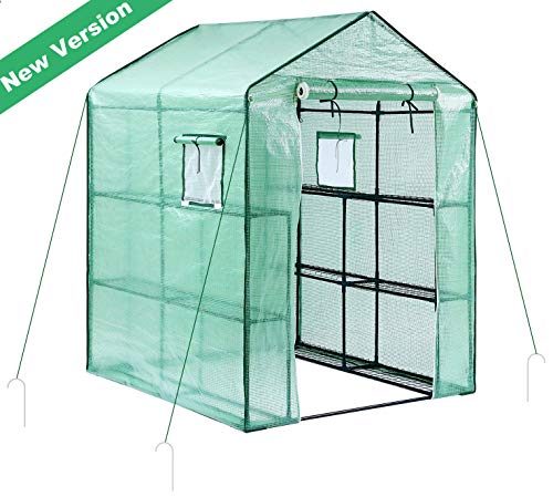 Greenhouse for Outdoors with Observation Windows (New Version), Ohuhu Large Walk-In Plant Greenhouse, 3 Tiers 12 Shelves Stands Green House, Bonus Ground Pegs & Ropes for Stability, 4.9 X 4.7 X 6.4 FT