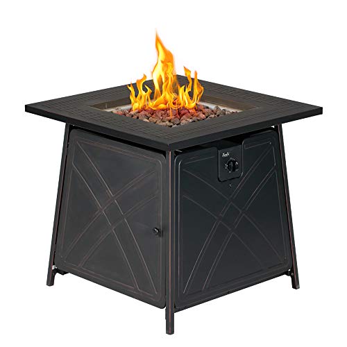 BALI OUTDOORS Gas Fire Pit Table, 28 inch 50,000 BTU Square Outdoor Propane Fire Pit Table with Lid and Lave Rocks
