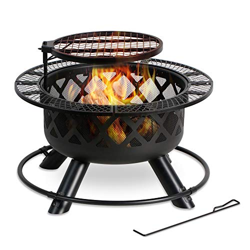 BALI OUTDOORS Wood Burning Fire Pit, 32 Inch Outdoor Backyard Patio Fire Pit with 24 Inch Cooking Grill Grate, Black