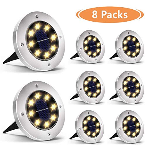 Biling Solar Disk Lights Outdoor, 8 LED Bulbs Solar Ground Lights Outdoor Waterproof for Garden Yard Patio Pathway Lawn Driveway – Warm White (8 Pack)…