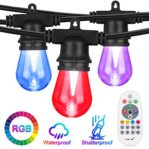 Color Changing Outdoor String Lights, RGB LED String Lights Shatterproof, 36FT with 12 x S14 Edison Bulbs Dimmable, Waterproof & Commercial Grade for Patio, Cafe, Backyard and Garden