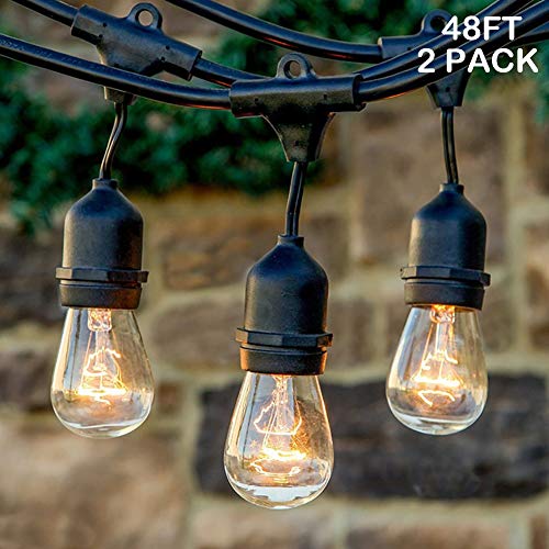 Twinkle Star 48 ft Outdoor String Lights 15 Bulbs 11 W Patio Lights with 3 Spare Bulbs Waterproof for Porch, Yard, Patio, Garden, Balcony Decoration (2 Pack)