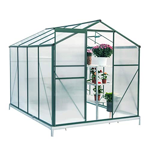 Mellcom 8′(L) x 6′(W) x 6.6′(H) Polycarbonate Portable Walk-in Garden Greenhouse Large Hot House with Adjustable Roof Vent and Rain Gutters,UV Protection Planting House