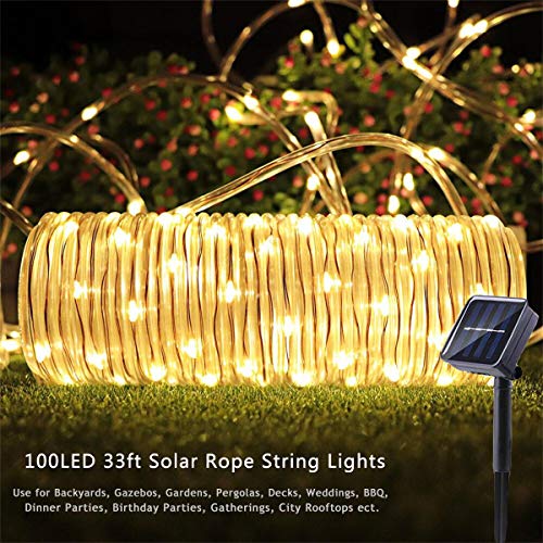 Outdoor Solar Rope Lights 8 Lighting Modes 100 LED(33ft) Waterproof Copper Wire String Fairy Christmas Lights Ideal for Christmas Tree Halloween Garden Patio Bedroom Wedding Decorations(Warm White)