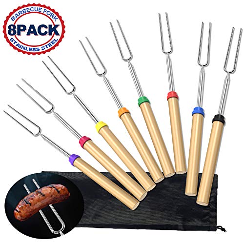 Adoric Marshmallow Roasting Sticks, Roasting Sticks with Wooden Handle 32 Inch Extendable BBQ Forks Telescoping Smores Sticks for Fire Pit, Campfire, Set of 8