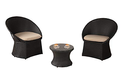 Outdoor Rattan Black Wicker Bistro Set Garden Patio Furniture Conversation Chair & Table Cushioned Sets(Beige Cushion,3 Piece)