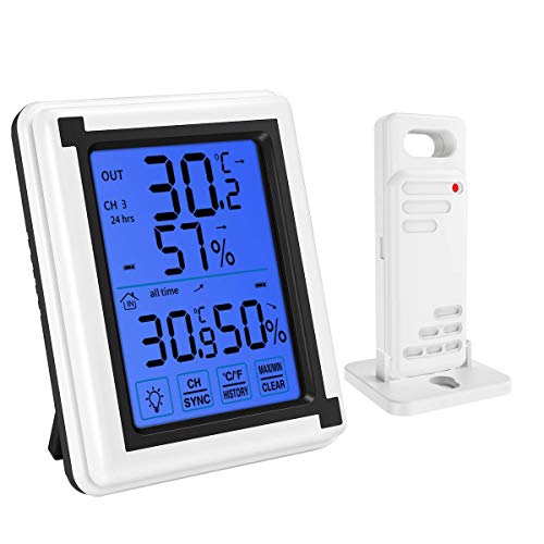 Wireless Weather Station Indoor Outdoor Digital Thermometer Humidity Monitor , Wireless Hygrometer with Touchscreen Backlight, Humidity Gauge Meter Digital Record for Home, Office, Baby Room