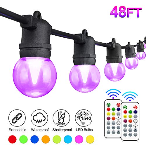Mlambert 48FT Color Changing Outdoor String Light, RGB LED String Light, with 15+3 G45 Edison Bulbs Dimmable, 2 Remote Controls, Waterproof & Shatterproof for Patio, Cafe, Backyard and Garden