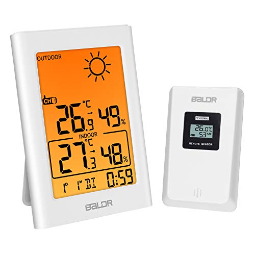 Balight Indoor Outdoor Thermometer Hygrometer with White Backlight & Remote Sensor, Digital Wireless Weather Station Temperature Humidity Monitor, Date/Time/Clock Alarm/Min/Max Record (White)