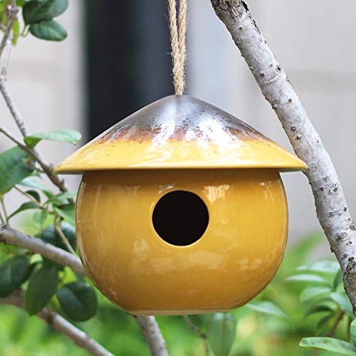 Tenforie Ceramic Birdhouses Bird Hut Hanging Hummingbird Nest for Outdoor -Yellow