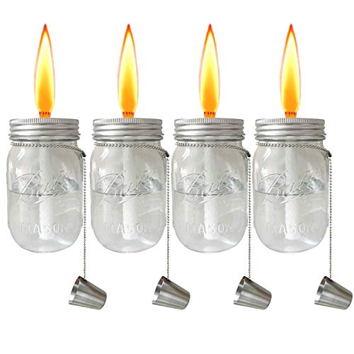 Aubasic Glass Mason Jar Table Torch,Fiberglass Wicks,Stainless Steel Lid with Fire Cover Caps,6-inch High,Clear,Set of 4(4-Pack Clear Jars)