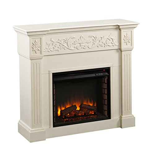 Southern Enterprises Calvert Carved Electric Fireplace, Ivory Finish with Brushed Texture