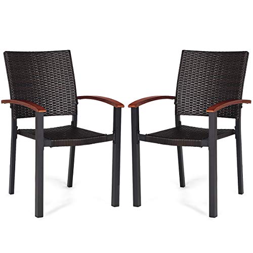 Tangkula Dining Chairs Outdoor Outdoor Indoor Garden Beach Lawn Patio Armchair Set with Eucalyptus Wood-Made Armrests Ergonomic Rattan Wicker Chairs Set with Aluminum Frame for Balcony Chairs (2 PCS)