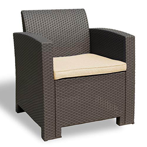 Winsday Patio Resin Plastic Rattan Pattern Furniture Outdoor Garden Single Sofa Armchair Outdoor Chair Brown with Beige Cushion (Armchair, Beige)