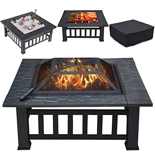 Topeakmart Outdoor Metal Fire Pit Table Multifunctional Backyard Patio Garden Square Stove, 32in Diameter Wood Burning Fireplace with Waterproof Cover