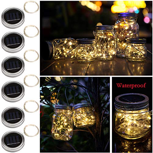 6 Pack Solar Jar Lids for Mason Jars with 10 LED Fairy String Lights(Jars & Handles Not Included), Fit for Patio, Yard, Garden, Party, Wedding, Christmas Decor (6, Warm White-10LED)