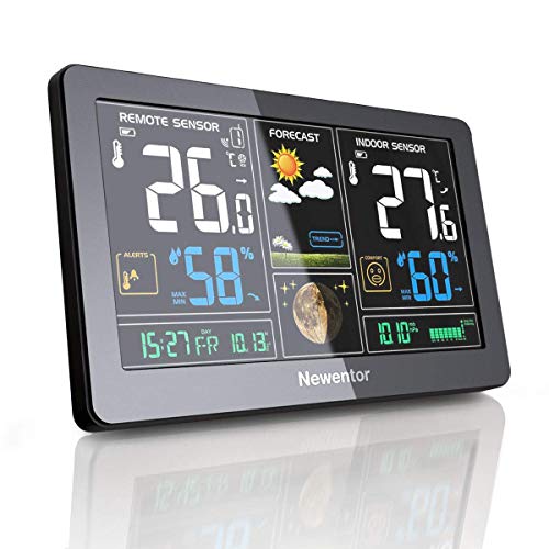 Newentor Weather Station Wireless Digital Indoor Outdoor Thermometer with Alarm Clock, Color Large Display Hygrometer Temperature and Humidity Monitor with Calendar and Adjustable Backlight (Black)