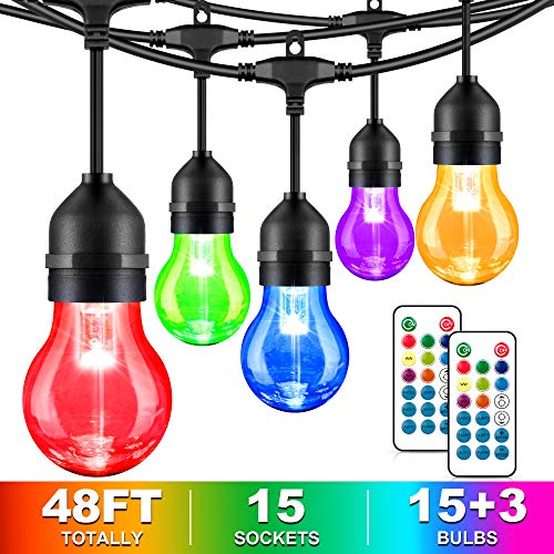 48FT Color Changing Outdoor String Lights, RGB Cafe LED String Light with 15+3 E26 Shatterproof Dimmable Edison Bulbs, Commercial Grade Light String for Patio Backyard Garden, 2 Remote Controls