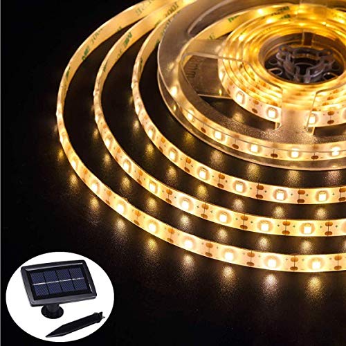 Solar Strip Lights Outdoor Waterproof, Auto ON/Off, 2 Modes, Flexible and Cuttable, Self-Adhesive, 16.4FT 150Leds Strip Lights for Window Cabinets Stairs Roof Patio Walkway Fence Decor (Warm White)
