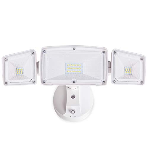 Amico 30W Dusk to Dawn LED Flood Light – 3 Head Security Light Outdoor, Metal Head 5000K Daylight White 3500 Lumens IP65 Waterproof, White Exterior Wall Flood Light Outdoor with Photocell