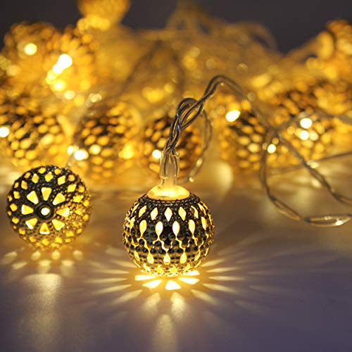 LOUIS CHOICE LED Globe String Lights, Decorative Moroccan Orb, 40 Golden Metal Balls, Bright Warm Light, Battery Powered