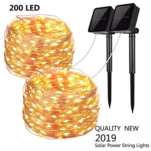 Upgraded Solar Powered String Lights, 2 Pack 8 Modes 200 LED Solar Fairy Lights Waterproof 66ft Copper Wire Lights Outdoor Garden String Lights for Home Patio Yard Party Decorati (200 LED, Warm White)