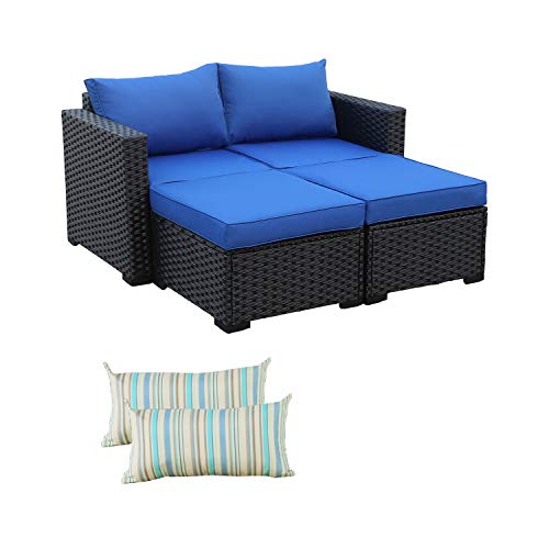 3-Piece Patio PE Rattan Conversation Furniture Set Outdoor PE Wicker Sectional Loveseat and Ottoman Sofa Set, Royal Blue Cushion/Black Wicker