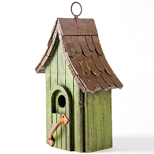 Glitzhome Tall Green Hand Painted Wood Birdhouse with Single Roof, 11.61″