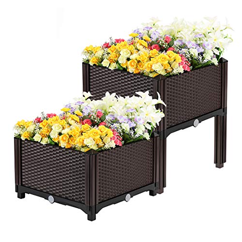 VIVOHOME Elevated Plastic Raised Garden Bed Planter Kit for Flower Vegetable Grow Brown Set of 2