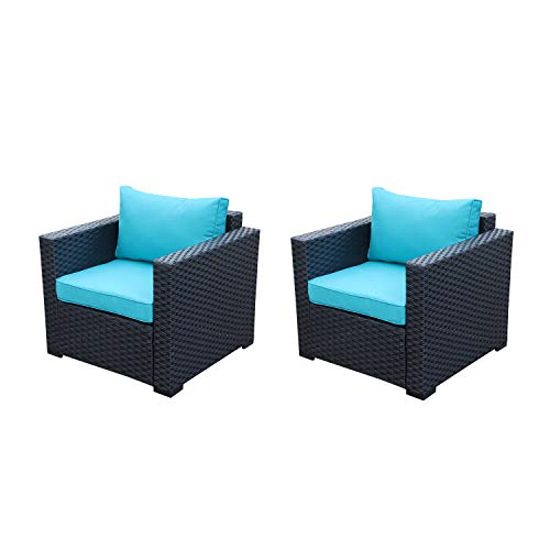 Patio Rattan Wicker Single Chair-Outdoor Armchair Sofa Furniture with Thick Turquoise Cushion,Steel Frame,Set of 2