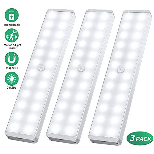 LED Closet Light, 24-LED Newest Version Rechargeable Motion Sensor Closet Light Under Cabinet Wireless Stick-Anywhere Night Light Bar with Large Battery for Stairs,Wardrobe,Kitchen,Hallway (3 Packs)