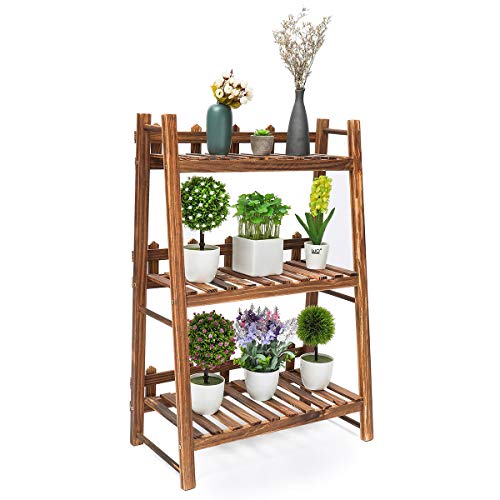 TOOCA Plant Stand Wood Indoor, 3-Tier, Steady Vertical Non-Slipage Tiered Plant Ladder Outdoor, Plant Shelf, Carbonized (24″ x 12″ x 35″)